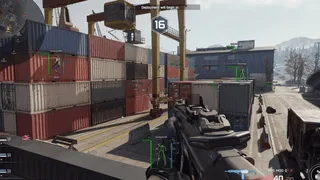 MW4 skeleton ESP and box wallhack on a shipment map highlighting enemy bone lines, shield HP and meter distances between stacked containers